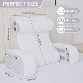 Hogrance 4PCS Reading Pillow, Memory Foam Back Pillow for Bed Sitting Up, Gaming Pillow with Arms Rest, White Grey Bed Pillow for Reading, Watching TV, Resting, Gaming, Medium