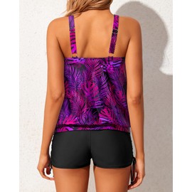 Yonique Blouson - Traje de baño tankini para mujer, 2 piezas, con pantalones cortos, modesto, ajuste holgado, Púrpura (Purple Leaf), X-Large