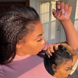 SINGLE BEST 16 inch Kinky straight Lace Front Wigs Human Hair 13x4 Lace Front Wigs Human Hair Yaki Straight 150% Density Pre Plucked Natural Color