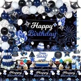 Miidenks Blue Black Birthday Decorations Set with Navy Blue Silver Black Birthday Backdrop Banner Birthday Tablecloth Blue Balloons for Men Boy