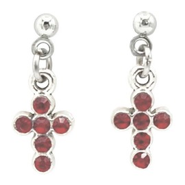 Crucifix - Tiny Cross – Red Crystal Rhinestones - 13x8mm - Silver alloy charm dangle earrings with glass crystal rhinestones - 3mm Ball Stainless Steel Posts