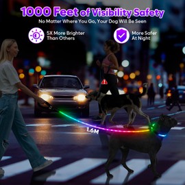 Light Up Dog Leash with Collar 2-in-1, 14 LED Modes Reflective Leash for Medium Large Dogs, USB Rechargeable Waterproof Adjustable Night Walking for Safety