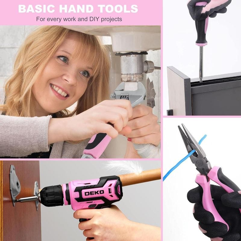DEKO PinkTool 8V Cordless Drill Tool Kit for Women, 126-Piece