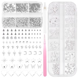 3D Goth Punk Nail Charms, Dark Silver Nail Art Spike Metal Studs, Silver Flatback Pearls Beads Gems Star Cross Rivet Spike Balls Nail Charms Nails Pearls Charms for Nails DIY Crafts Accessories