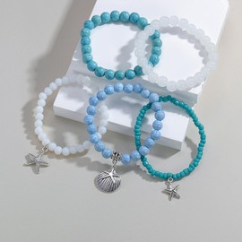 tenghong2021 Fashion Seashell Surfer Bracelets Sets Cute Boho Starfish Beads Elastic Stackable Turquoise Bracelet for Women Friendship Adjustable Ocean Summer Jewelry Gift -Set C(5 pcs)