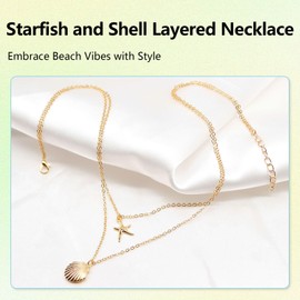 UAIAGM Starfish Necklace Gold and Gold Shell Necklace Set Boho Layered Shell Pendant Beach Jewelry Gold Beach Necklace for Women Seashell Charm Necklaces Sea Accessories