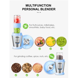 Personal Blender with 2 x 20oz Travel Bottle and Coffee/Spices Jar, Portable Smoothie Blender and Coffee Grinder in One, 500W Single Serve Blender for Shakes and Smoothies, BPA free, by Yabano (Blue)