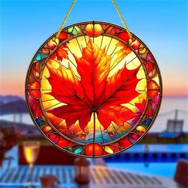 Hello Fall Maple Leaf Acrylic Stained Windows Hanging Suncatcher,Flower Stained Suncatchers Window Ornament Stained Glass Panel Sun Catcher Wall Hanging Decor Birthday Gifts
