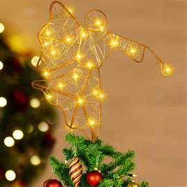 YUJUN Christmas Angel Tree Topper XmasTree Topper Gold 20 Light up Battery Powered 3D Hollowed Angel Topper for Christmas Tree Decorations and New Year Home Outdoor Party Decor(10 Inch