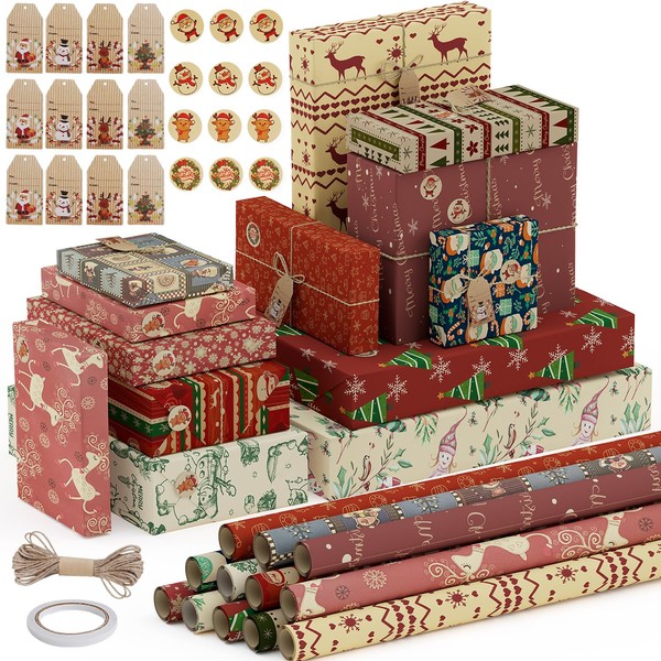 OWill Christmas Wrapping Paper,12 Sheets 50x70cm Recycle Xmas Kraft Paper