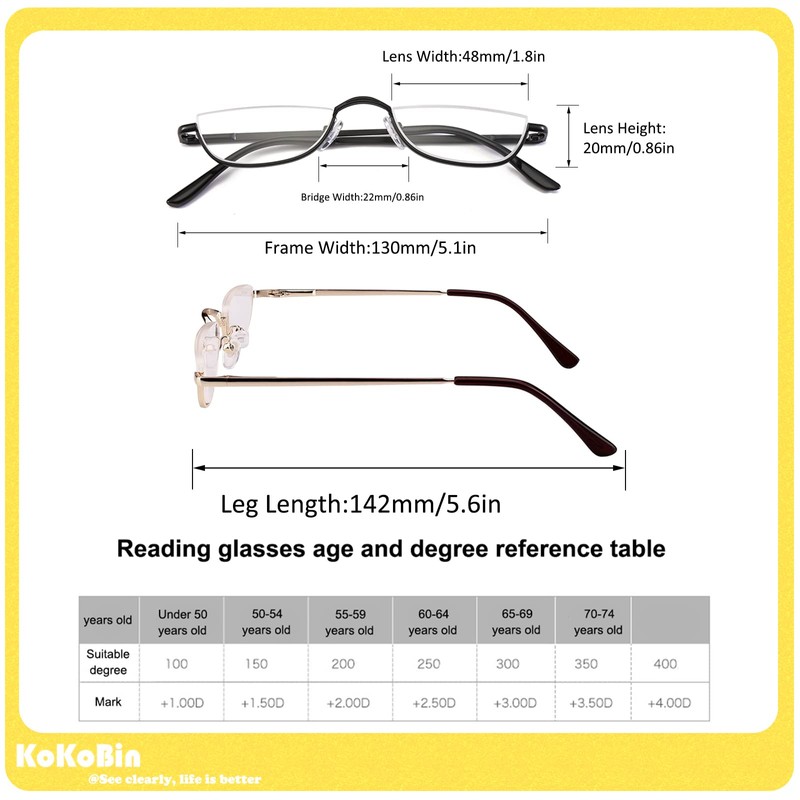 KoKoBin Half Reading Glasses - 2 Pairs Half Rim Metal