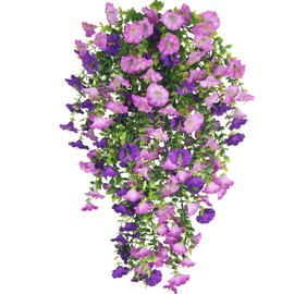 ACRYCS 3 Pcs Artificial Hanging Flowers for Outdoors Morning Glory Artificial Flowers Spring Summer Decoration UV Resistant Purple Faux Flowers for Outdoor Planters Front Door Porch Patio Yard Decor