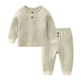 Infant Baby Boy Girl Clothes Henly Tops Pants Set Toddler Cotton Long Sleeve Waffle Knit Outfit(S103-Khaki, 90cm)