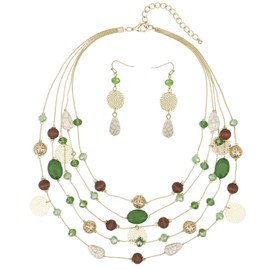 Coiris 5Layer Multi Color Beaded Illusion Wire Collar Statement Necklace with Earrings for Women (N0026-Green+White)