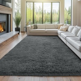 Shag Rugs for Living Room 9x12: 9x12 Shag Area Rugs for Living Room- Large Soft Grey Rugs for Bedroom- Fuzzy Plush Modern Carpets for Kids Room (Grey