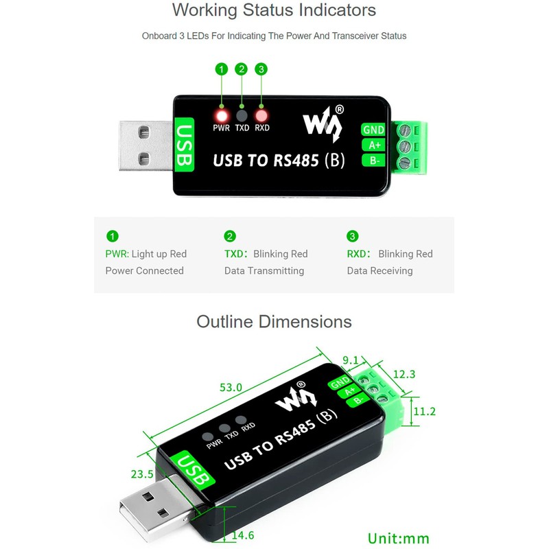 Industrial USB TO RS485 Bidirectional Converter Onboard CH343G Chip, Multi-Protection