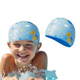 Kids Swimming Cap Silicone Swimming Cap for Boys Girls Children Teenagers (3-12 Years Old) Ear Covering Waterproof Swimming Caps Keep Hair Dry Swimming Caps (Blue Dinosaur)