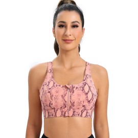 Cordaw Zip Front Sports Bra Adjustable Straps High Support Medium Impact Zipper Front Hook Running Bra Crisscross Padded-Pink Snake 4XL