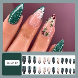 Christmas Press on Nails Almond Medium Fake Nails Green Glitter French Acrylic Nails Kit Winter False Nails with Snowflake Designs Holiday Stick on Nails Glue on Nails for Women DIY Manicure 24Pcs