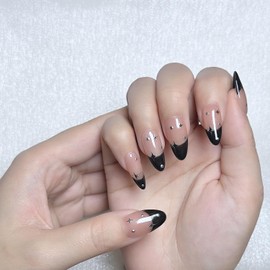 Soovbk Professional Handmade French Tip Press on Nails, Medium Almond Black Fake Nails, Design with Stars and steel nails, Hand-Painted Fake Nail Art with Design 10 pcs Set (Size M)