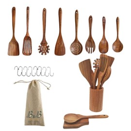 BaraBara Wooden Utensils for Cooking with Utensils Holder - Kitchen Utensils with Wooden Spoons, Hooks, and Spatula Set - Non Stick Wooden Utensils Tool Set of 8 - 100% Natural Teak Wooden Utensil Set