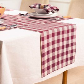 Solino Home Checkered Linen Table Runner 90 inches Long - 100% Pure Linen Beet and Cream Plaid Table Runner 14 x 90 Inch Ideal for Wedding, Spring, Easter - Morgan Check