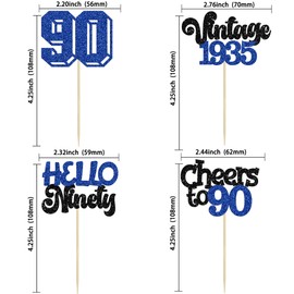 Gyufise 24Pcs Happy 90th Birthday Cupcake Toppers Star 90 Hello Ninety Vintage 1935 Cupcake Picks Cheers to 90 Birthday Decorations for 90th Birthday Anniversary Party Decorations Supplies Blue
