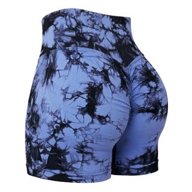 QOQ - Pantalones cortos de ciclismo para mujer, sin costuras, cintura alta, control de abdomen, adelgazamiento, atlético, gimnasio, yoga, Azul oscuro tie dye, X-Large