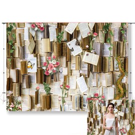 KUKUSOUL 7x5FT Vintage Bookshelf Background Flower Garlend Book Pages Wedding Decorations Backdrop Adults Baby Shower Graduation Party Photo Studio Background Props KUBDJ943