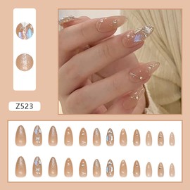Press on Nails Pointed Medium Length, 24PCS Full Cover Reusable False Nails Kits, Glue on Nails with Rhinestone Designs, Artificial Fingernails Acrylic Fake Nails for Women Stick on Nails Almond Shape