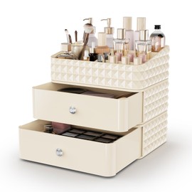 Rosoenvi Makeup Organizer for Vanity, Stackable Cosmetics Organizer and Storage, Cosmetic Display Cases with 2 Drawers and 1 Tray for Makeup Brush, Hair Accessories, Lipstick and Jewelry, Beige