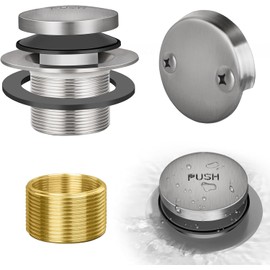 Tip-Toe Bathtub Drain Kit with Two-Hole Overflow Plate, Premium Quality Bath Tub Drain Replacement, Universal Fine/Coarse Thread Bathtub Stopper (Brushed Nickel)