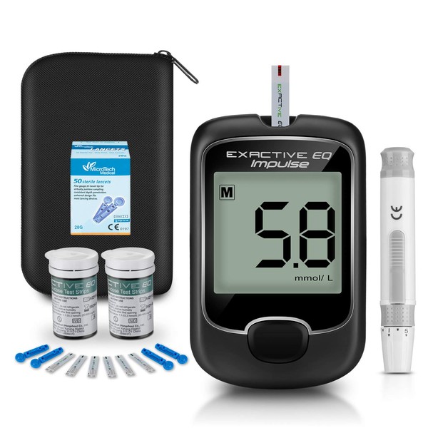 Diabetes Testing Kit [2020 Upgrade] Blood Glucose Monitor Meter Blood Sugar Tester with 50 Test Strips and 50 Lancets in mmol/L by Exactive EQ Impulse
