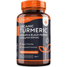 Organic Turmeric 1440mg (High Strength) with Black Pepper & Ginger - 180 Vegan Turmeric Capsules (3 Month Supply) – Organic Turmeric with Active Ingredient Curcumin - Made in The UK by Nutravita