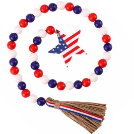 Independence Day Decorations Wood Bead Garland, 4th of July Memorial Day Decor American Flag Pendant Tassel for Farmhouse Wall Rosary Decoration