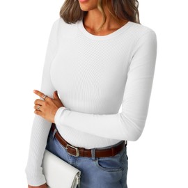 GKBK Womens Long Sleeve Ribbed Tops Fitted Stretch Casual Crewneck Basic Tee Shirts Tight Layering 2025 Fall Fashion Outfits White S