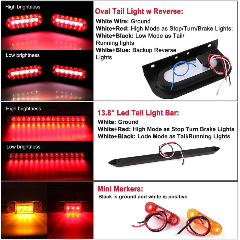 Partswcgg 6" Oval Led Trailer Tail Lights Kit w/Mounting Brackets,2Pcs