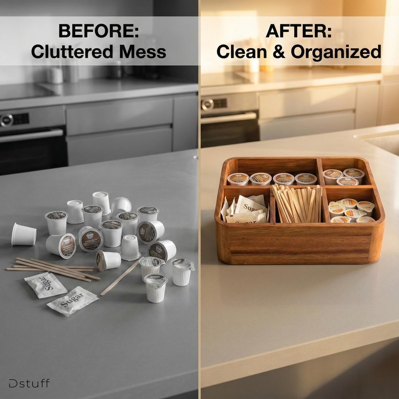 Dstuff Acacia Wood Coffee Station Organizer for Countertop, Tea Organizer