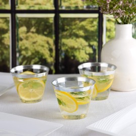 PLASTICPRO 9 oz Disposable Plastic Party Cups,Old fashioned Designed Tumblers, Crystal Clear (Clear With Silver Rim, 100)