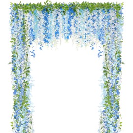 Thiccywoov 4pcs Wisteria Artificial Flowers Garland, 7.2Ft/Piece Wisteria Hanging Flowers Garland for Wedding Arch Decoration Outdoor Ceremony Home Backdrop Garden (Light Blue,Dark Blue,White)