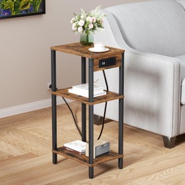 Creso hom Tall End Table with Charging Station and USB Ports, 3 Tier Narrow Side Table with Storage, Narrow Nightstand with Outlets for Bedroom, Living Room, Office, Rustic Brown and Black