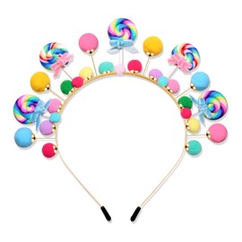 Candy Cane Headband Christmas Holiday Lollipop Headpiece Colorful Pom Pom Bow Xmas Birthday Party Head Band Accessories Candyland Costume Gift for Women Girls