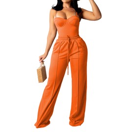 PINSV Women's Casual Wide Leg Pants High Waisted Drawstring Baggy Sweatpants Elastic Straight Leg Trousers Pull On Lounge Pants Orange S