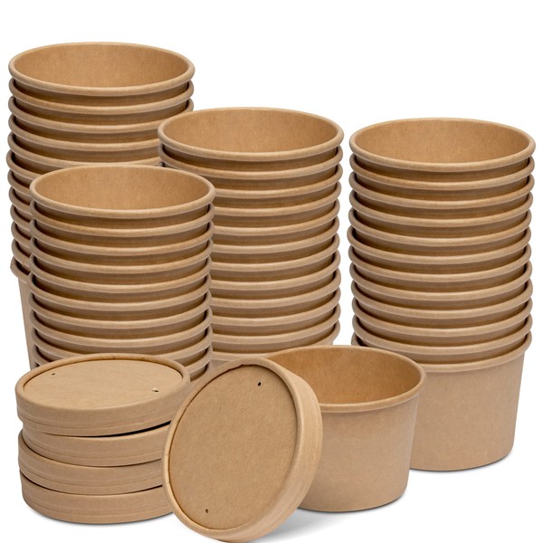 Comfy Package 8 oz. Paper Food Containers With Vented Lids, To Go Hot Soup Bowls, Disposable Ice Cream Cups, Kraft - 50 Sets