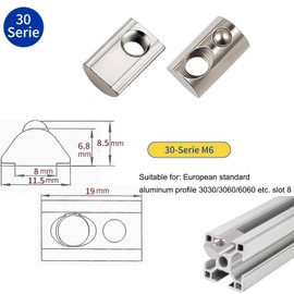 Bhina Pack of 40 M6 T-Slot Nuts Stainless Steel, T Nut M6 30, T-Slot Nuts with Ball, M6 Aluminium Solar Sliding Nut Thread Groove Slot Nut Ball for Aluminium Profile, Sliding Nuts for Aluminium