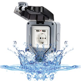 Outdoor Socket Surface-Mounted Wall Socket with USB Plug for Outdoor Use Socket Waterproof IP66 Garden Socket for Wet Room Outdoor with Hinged Lid (EU Plug)