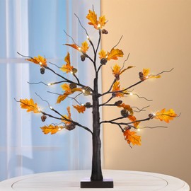 Fall Lighted Maple Tree, 24” Battery Operated Artificial Fall Foliage Tree Lights with 24 Warm White LED Timer for Thanksgiving Autumn Harvest Home Tabletop Indoor Decorations