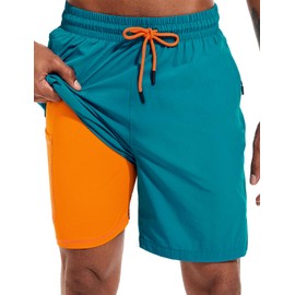 Atforna Men's Long 2-in-1 Swimming Shorts with Compression Quick-Drying Breathable Swim Shorts with Zip Pocket Adjustable Drawstring, peacock blue