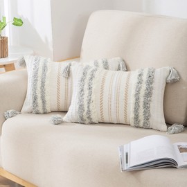 decorUhome Boho Light Grey Cushion Covers 30x50cm Set of 2, Decorative Tufted Tassel Woven Pillow Case for Sofa Couch 12x20 Inch