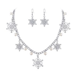 EVER FAITH Christmas Snowflake Jewerly for Woman Crystal Cream Simulated Pearl Winter Snowflake Necklace Dangle Earrings Set